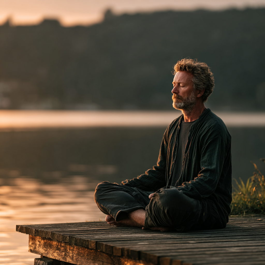 A peaceful 52-year-old man with graying temples sitting in lotus meditation pose on a natural wooden deck overlooking a tranquil lake, wearing comfortable dark green yoga clothes, his eyes closed in deep contemplation with soft morning light creating a serene atmosphere around him
